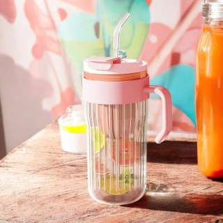 Üveg rózsaszín csésze szűrővel és szívószállal - 550 ml