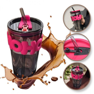 Fekete üvegpohár szívószállal és fedéllel - 400 ml