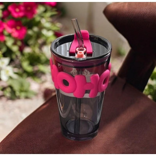 Fekete üvegpohár szívószállal és fedéllel - 400 ml