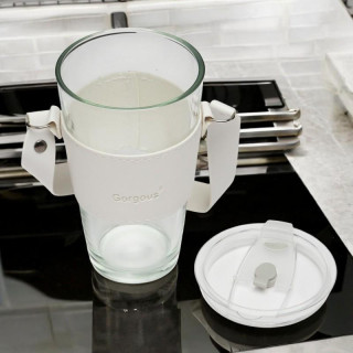 Fehér üvegpohár szívószállal és fedéllel - 450 ml