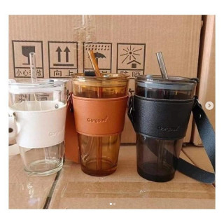 Fehér üvegpohár szívószállal és fedéllel - 450 ml