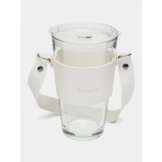 Fehér üvegpohár szívószállal és fedéllel - 450 ml