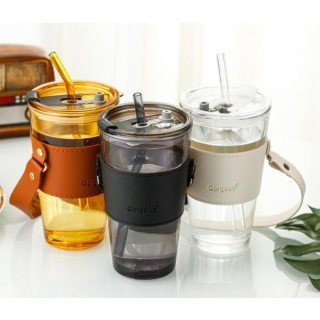 Fehér üvegpohár szívószállal és fedéllel - 450 ml