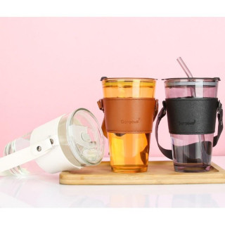 Fehér üvegpohár szívószállal és fedéllel - 450 ml