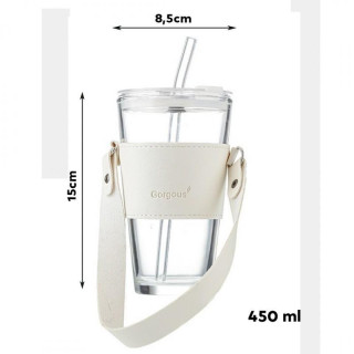 Fehér üvegpohár szívószállal és fedéllel - 450 ml