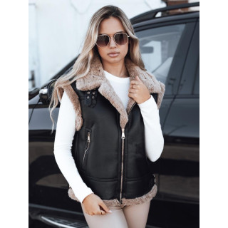 Női fekete bőr mellény szőrmével TY5251