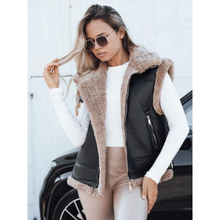Női fekete bőr mellény szőrmével TY5251