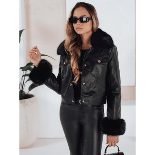Fekete bőr női kabát szőrmével TY5207