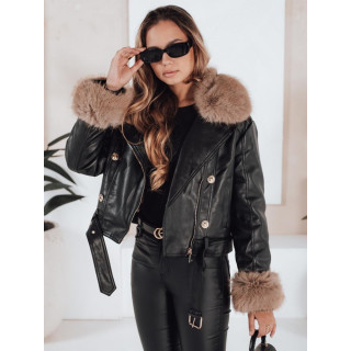 Fekete női bőrkabát szőrmével TY5210