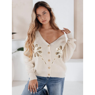 Bézs színű, flitteres virágokkal díszített pulóver MY2500