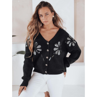 Fekete női pulóver flitteres virágokkal MY2502