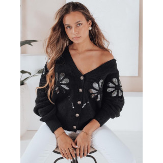 Fekete női pulóver flitteres virágokkal MY2502