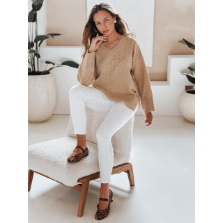 Bézs színű női pulóver V-nyakkal MY2518