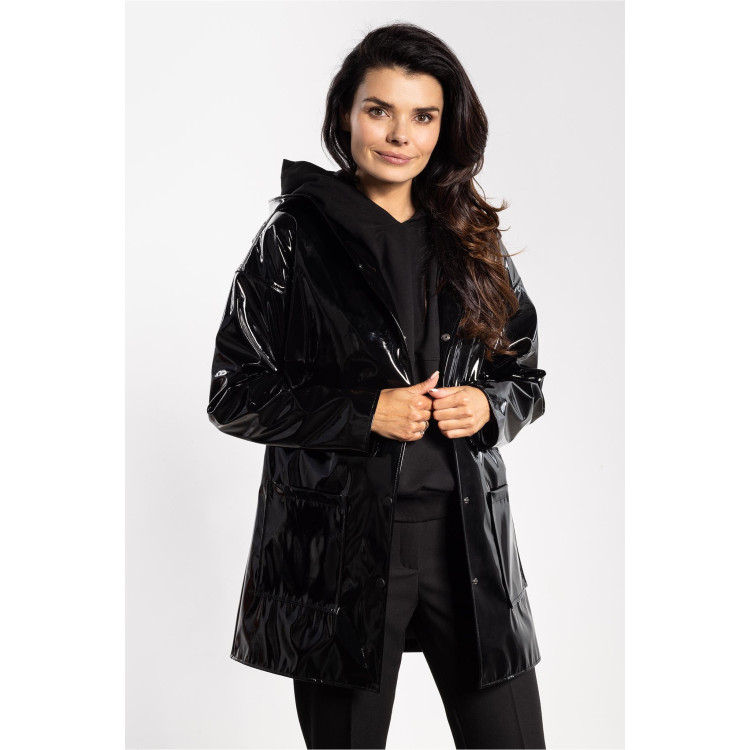 Fekete latex női kabát kapucnival