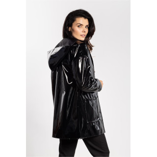 Fekete latex női kabát kapucnival
