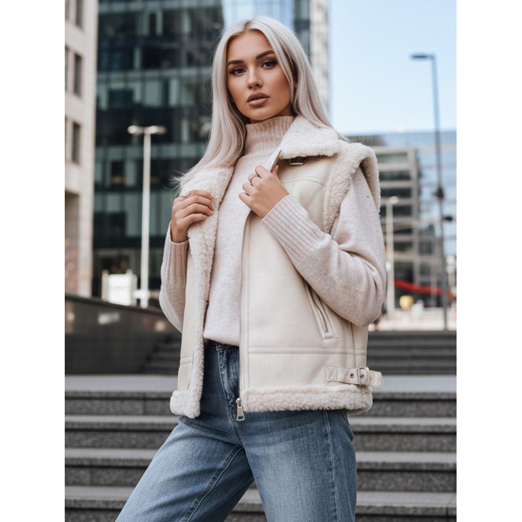 Bézs színű női bőr mellény szőrmével TY5238z