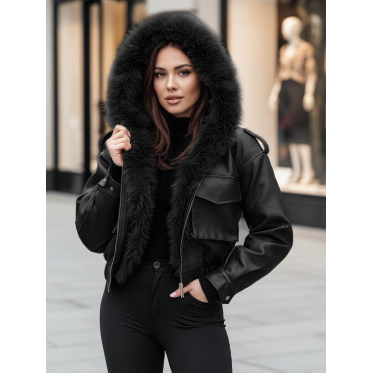 Női fekete bőrkabát szőrmével TY4762z