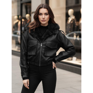 Női fekete bőrkabát szőrmével TY4762z