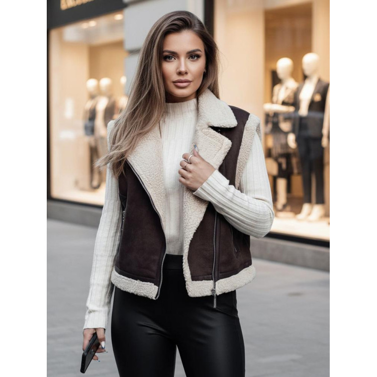 Kávé színű női velúr mellény szőrmével TY4746z