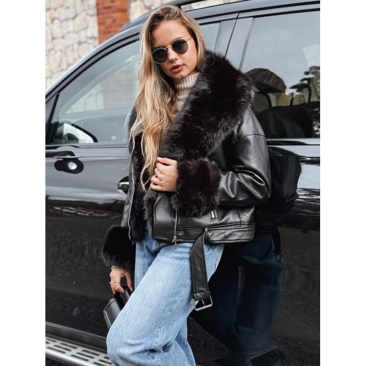 Fekete bőrkabát szőrmével TY5233