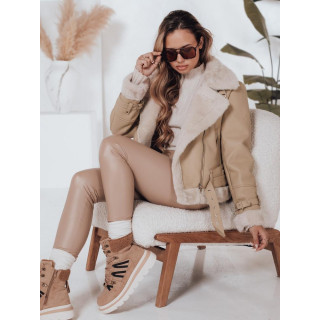 Bézs bőr női kabát szőrmével TY4993