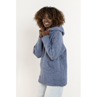 Kék gyapjú pulóver kapucnival