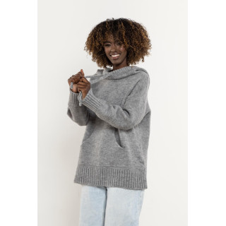 Női szürke gyapjú pulóver kapucnival