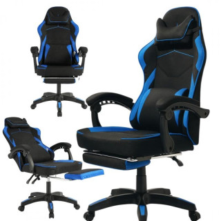 Fekete és kék szövetből készült gamer szék lábtartóval