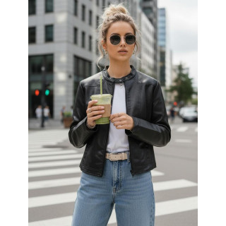 Fekete női bőrkabát állógallérral TY5568