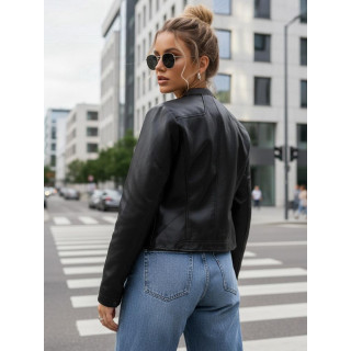 Fekete női bőrkabát állógallérral TY5568