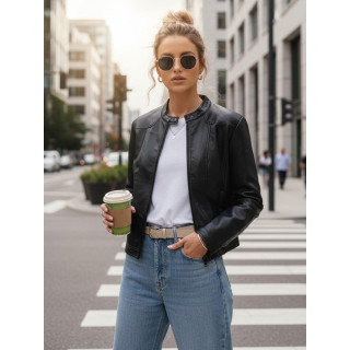 Fekete női bőrkabát állógallérral TY5568