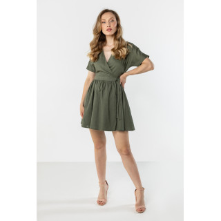 Női vászon khaki ruha, derekán megkötővel