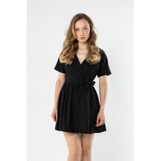 Fekete lenvászon miniruha megkötős derekú