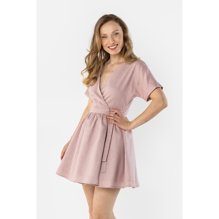 Rózsaszín lenvászon ruha, derekán megkötővel
