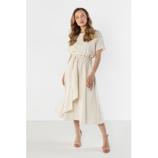 Női lenvászon bézs ruha, derekán megkötővel