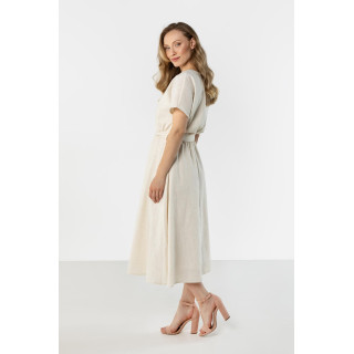 Női lenvászon bézs ruha, derekán megkötővel