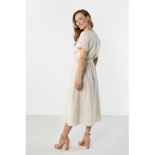Női lenvászon bézs ruha, derekán megkötővel