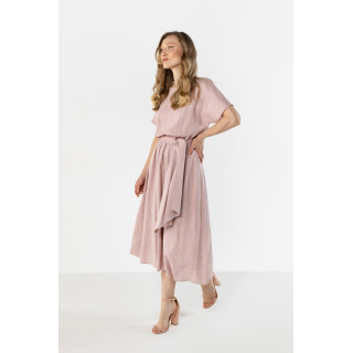 Női rózsaszín lenvászon ruha, derekán megkötővel