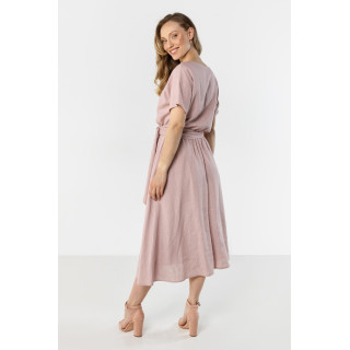 Női rózsaszín lenvászon ruha, derekán megkötővel