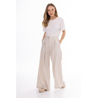 Széles, bézs színű, magas derekú női nadrág