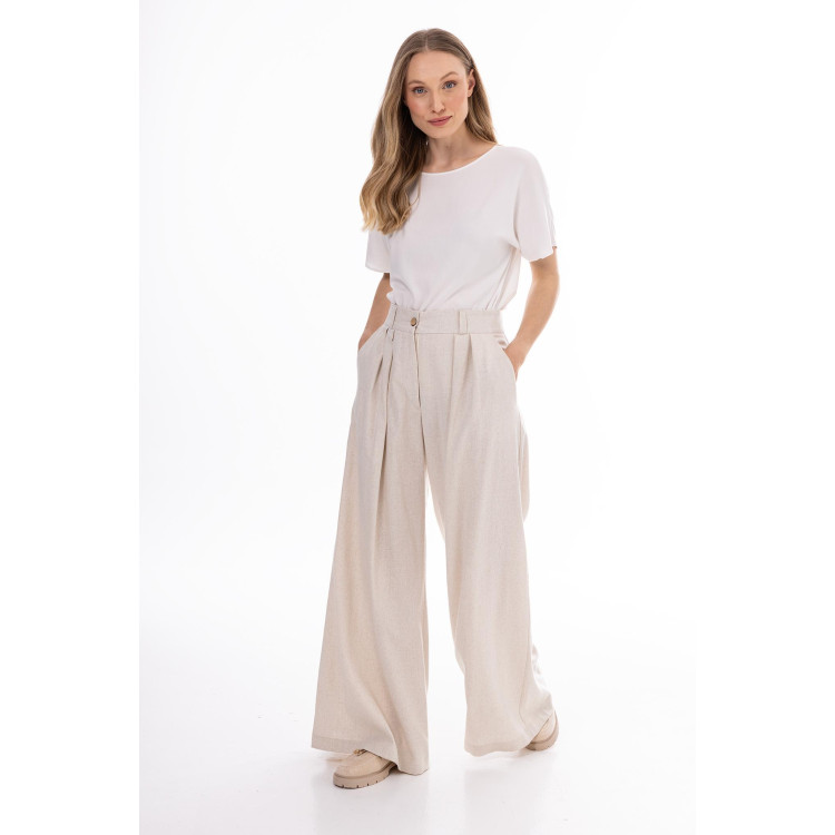 Széles, bézs színű, magas derekú női nadrág
