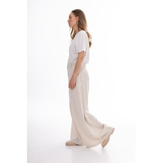 Széles, bézs színű, magas derekú női nadrág