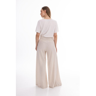 Széles, bézs színű, magas derekú női nadrág