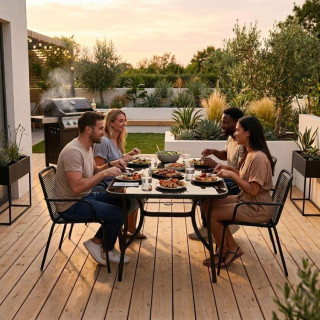 Fekete kerti asztal napernyőlyukkal - 140x80 cm