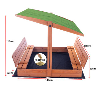 Impregnált homokozó UV-szűrős tetővel - 140x140 cm