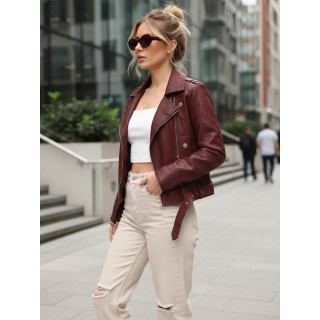 Bordó női bőrkabát övvel TY5640