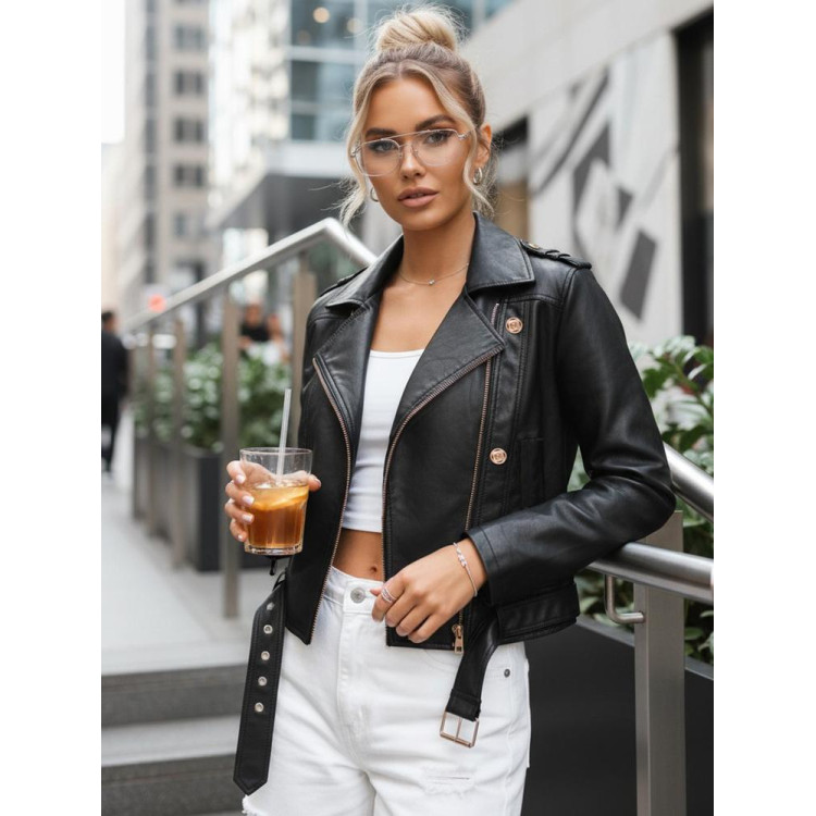 Női fekete bőrkabát övvel TY5642