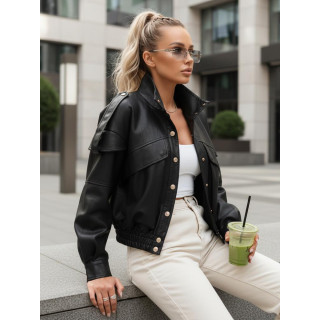 Fekete női bőrkabát állógallérral TY5646