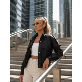 Fekete női bőrkabát állógallérral TY5646