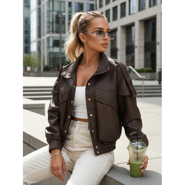 Női barna bőrkabát állógallérral TY5645